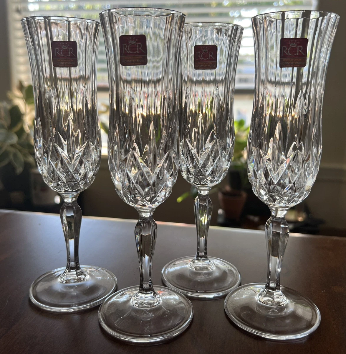 RCR Crystal 8” Champagne Flutes Glasses With Stickers- Set of 4 -Great  Condition