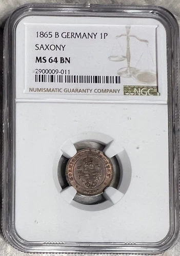 1865 B Germany Saxony 1 Pfennig NGC MS 64 BN Only 1 Finer 1/1