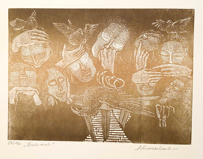 Wood engraving original DENK MAL by Robert Schanzenbacher