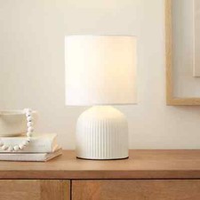 Image of New Hebe Ribbed Ceramic Table Lamp Soft Fabric Shade Easy To Switch On and Off