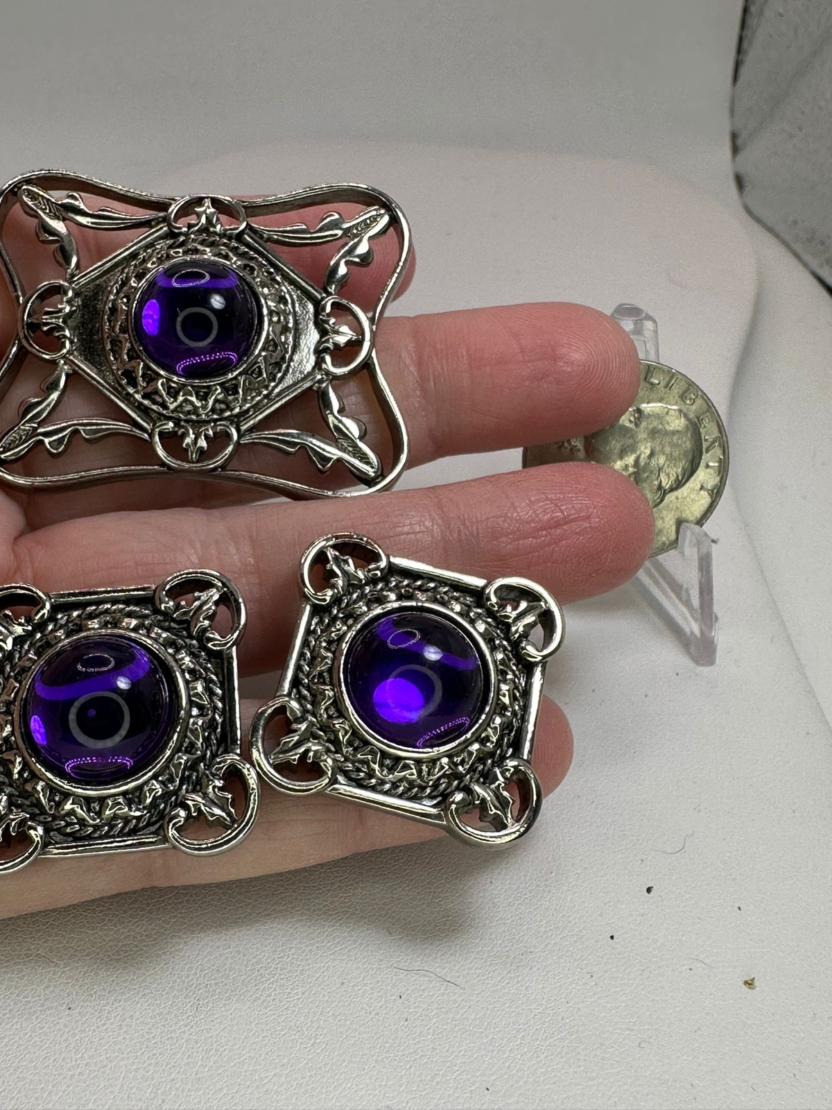 Set Rectangle Openwork Purple Rhinestones Vintage… - image 2