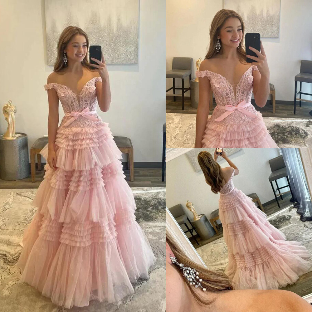 Pink Tulle Off The Shoulder Appliques Prom Dress Pink Tulle Off The Shoulder Appliques Prom Dress