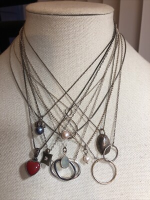 24. Vintage 925 Sterling Silver Mixed Material Necklaces Lot of 10, Some branded