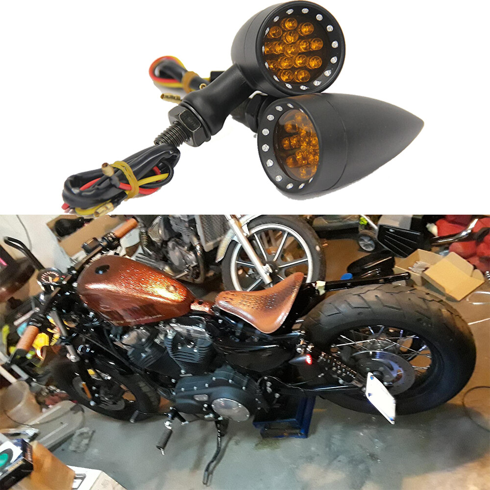 Pair Of Motorcycle Bullet Turn Signal Indicator Lights – Chrome, Amber LED For Harley Honda Bobber Chopper (Universal)