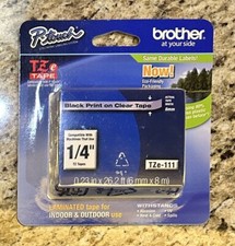 Brother 6mm 0.23" Black On Clear Tape for P-Touch 8m 26.2' TZE-111 New V10