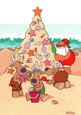 Santa And Reindeer Build Sand Castle Christmas Tree Greeting Cards Kersten Bros 