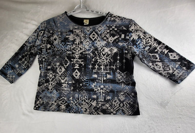 Jess & Jane Top Women XL Aztec 3/4 Sleeve Snow Print Black Cotton Blouse USA