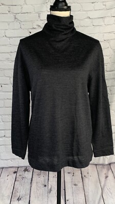 Max Mara 100% Light-Weight Wool Sweater Dark Gray High Neck Back Buttons Italy L
