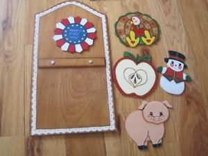 TOLE PAINTED 1980s Calendar w/ Lace Border Seasonal Wood Pieces 