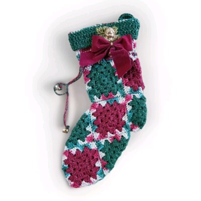 Vintage Crochet Granny Square Christmas Stocking Bow Bells Plastic Angel 17 In