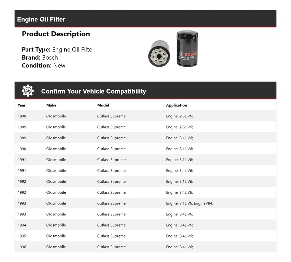 Filtro de aceite premium Oldsmobile Cutlass Supreme Bosch 1988-1996 1989 1990 1991 Foto 2 de 3