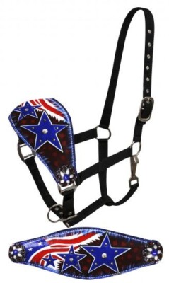 FULL SIZE Leather Bronc Halter With Painted American Flag Design