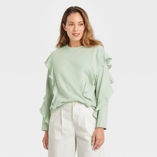 Women's Ruffle Crew Neck Sweatshirt Light Green A New Day NWT Size XS