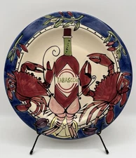 Tabasco TIKA Pottery 12" Round Serving Plate Hand Painted Crab & Shrimp Art