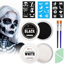 Halloween Makeup Kit with Brush Sponge Stencil, Black White Face Paint 110g ...