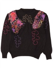 Vintage Womens Abstract Pattern Crew Neck Jumper Sweater UK 14 Medium Black BY15