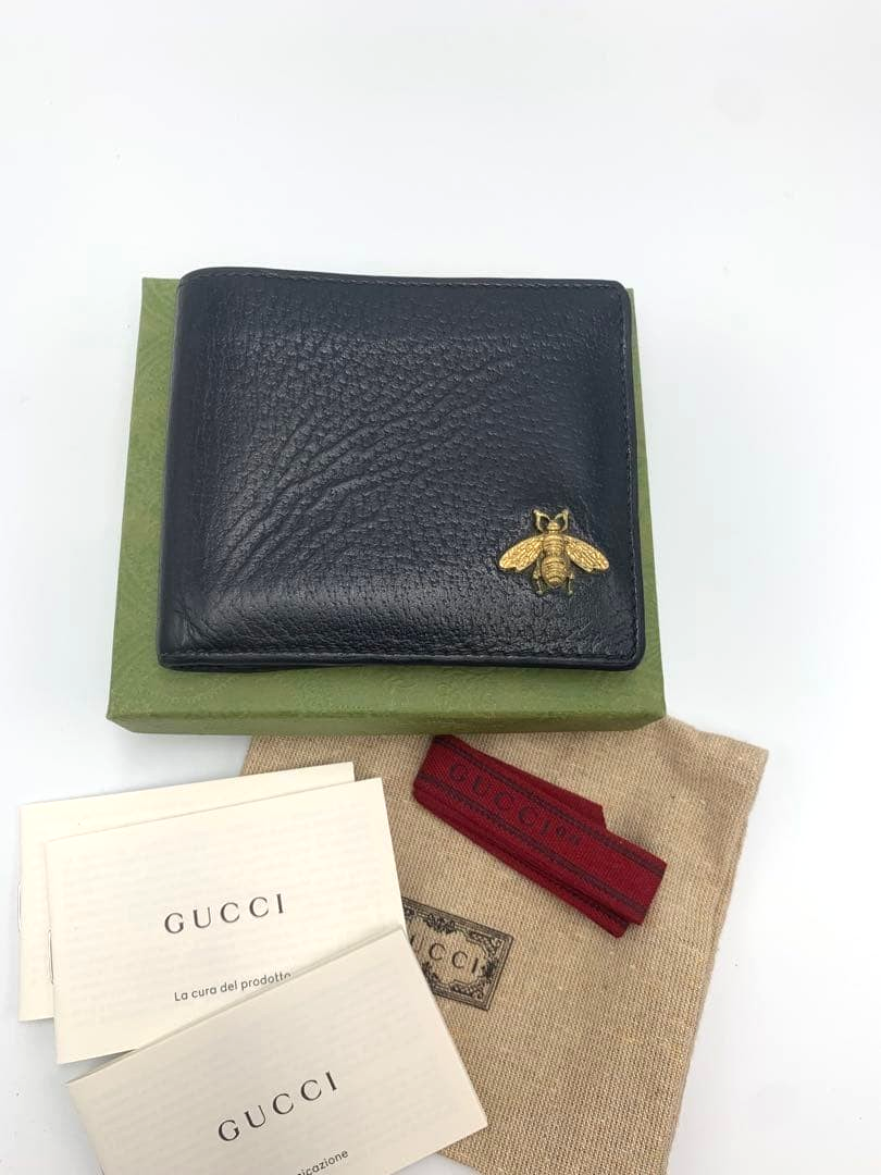 Gucci Animalier Bee Bi-fold Wallet Black Leather Gold Hardware | eBay