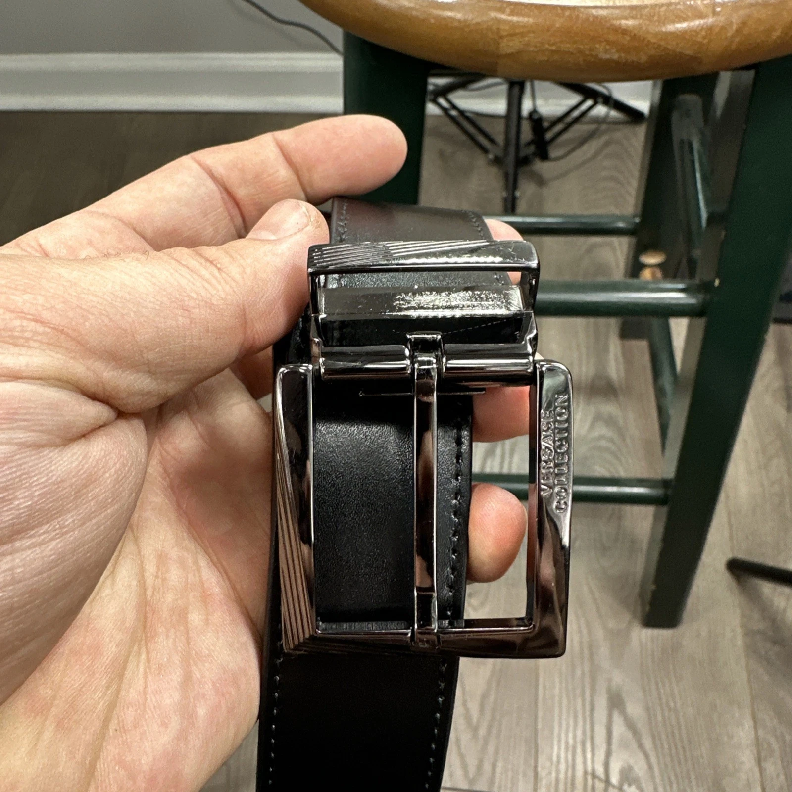 Versace Collection Cintura Uomo Pelle Nera Antracite Fibbia Argento Regolabile 42