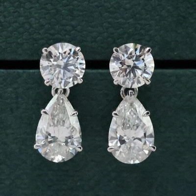 Thanks Giving Gift! Round & Pear Lab Grown Diamond Dangle Drop Earrings 14k Gold