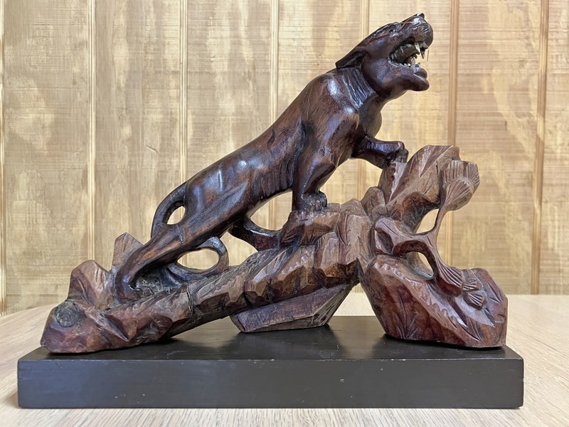Vintage Hand-Carved Tiger/Panther Sculpture & Platform