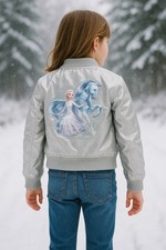 Disney Frozen Girls Bomber Jacket Silver Elsa Anna Zip up Size 5/6