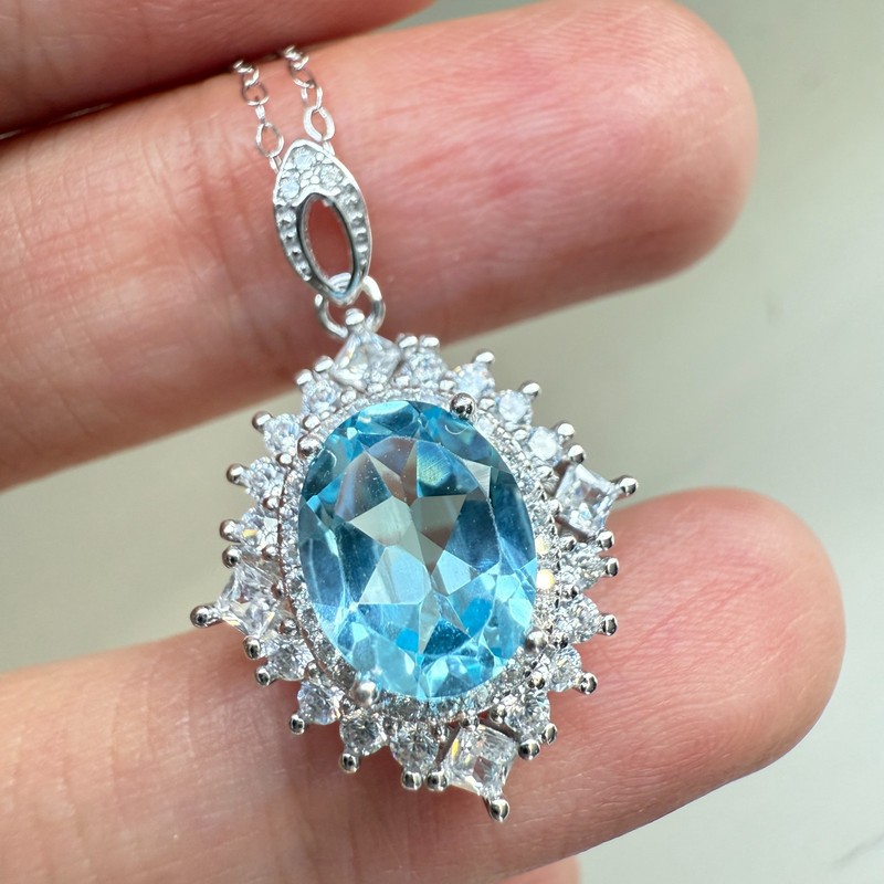 925 Sterling Silver Necklace 9x7mm Natural Topaz Gemstone Zircon Handmade Dainty
