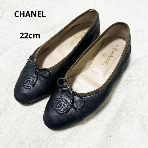 CHANEL Black Leather Ballet Flats Women's 22cm Coco Logo Slip On Shoes Authentic