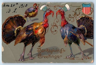 c1910's Thanksgiving Greetings Turkey Uncle Sam Embossed Gel Gold Gilt Postcard