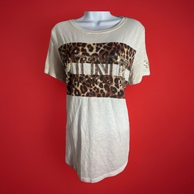 Victorias Secret PINK Bling Leopard Print Logo Tee White Short Sleeve Womens L