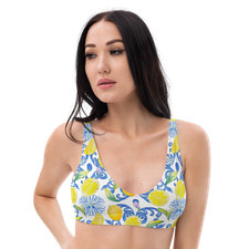 Vintage Lemon Floral Custom Print Blue Yellow Padded Bikini Top Sz 2XS-3XL