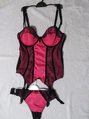 DITA VON TEESE PINK PARISIENNE CORSET BRA SIZE 12B THONG 12 & SHEER SEXY SKIRT
