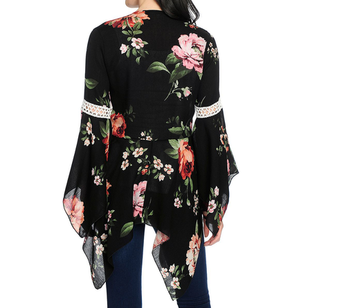 Kate&Mallory Floral Print Woven 3/4 Bell Sleeve 4 Point Hem Open Front Cardigan - Picture 3 of 8