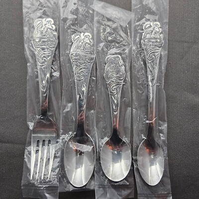 Oneida Community NOAH'S ARK Stainless Flatware Child Youth Baby Fork Spoon Set 4
