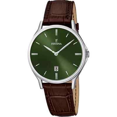 Festina F167456 Mens Brown Leather Straps Green Analog Dial Wristwatch 39 mm