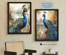 Peacock Prints Art Deco Style Wall Art Teal Green Blue Set of x2 A4 Prints