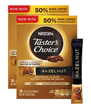 NESCAF Taster's Choice Hazelnut Flavored Instant Coffee Pack of 16 Premium Cups
