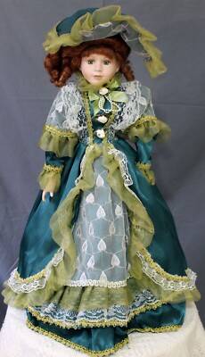22'' Irish Red Hair Green Eyes Green Victorian Dress Porcelain Doll W/Stand