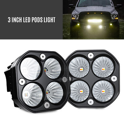 2PCS 3inch LED Work Light Bar Pods Flood Flasing Fog Amber White Offroad Truck