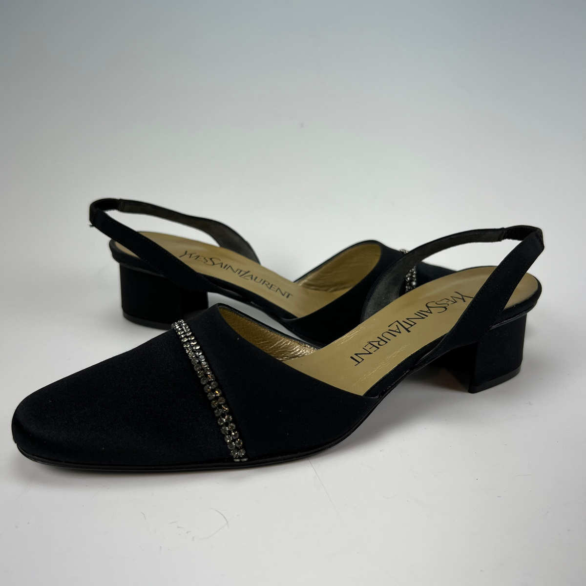 VTG 90s YSL Yves Saint Laurent Womens 6.5 Chunky Heel Black Satin