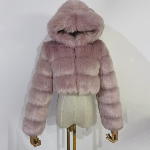 Lady Furry Cropped Faux Fur Coats Fluffy Top Coat W/Hooded Winter Warm Jacket - Picture 9 of 39