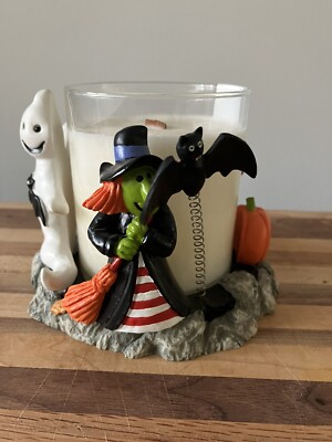 Halloween Trick-or-Treat Pillar Candle Holder Ghost Witch Pumpkins Broom