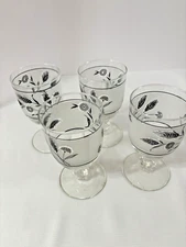 MCM Libby Silver Leaf Frosted Glass Set of 4 goblets glasses 1960's