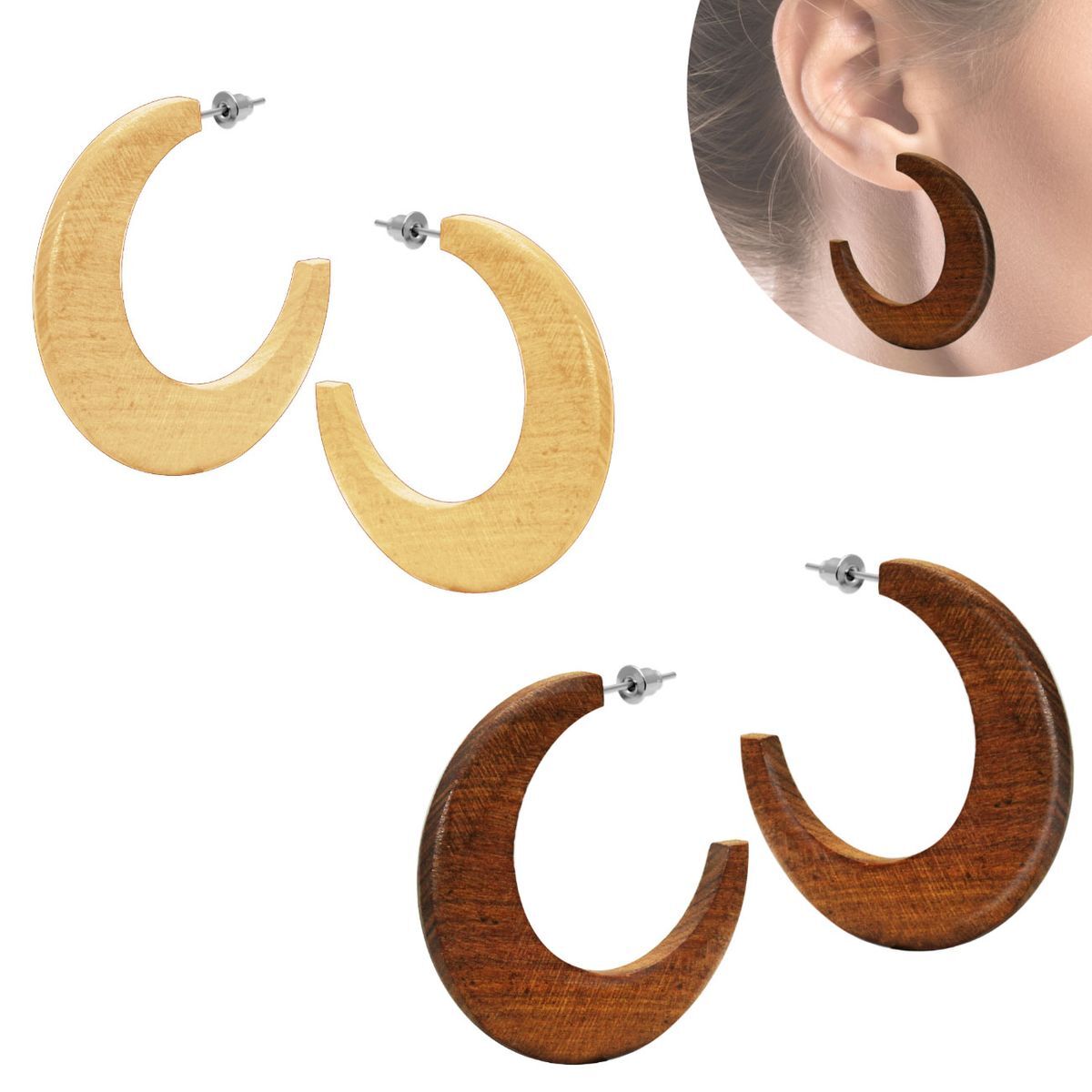 1 Paio Statement Legno Orecchini a Cerchio Braun Grande Natura Etnico Boho Stile