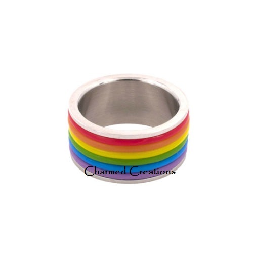 Gay Pride Stainless Steel Wedding Band Jelly Rainbow Ring 6 7 8 9 10 11 12 13 - Picture 2 of 2