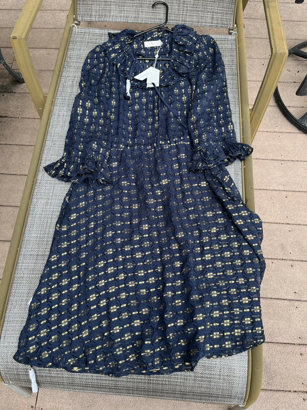 ABITO NUOVO SENZA ETICHETTE TORY BURCH GELSOMINO MISTO SETA VOLANT RIGHE METALLIZZATE BLU NAVY tg 0 $498