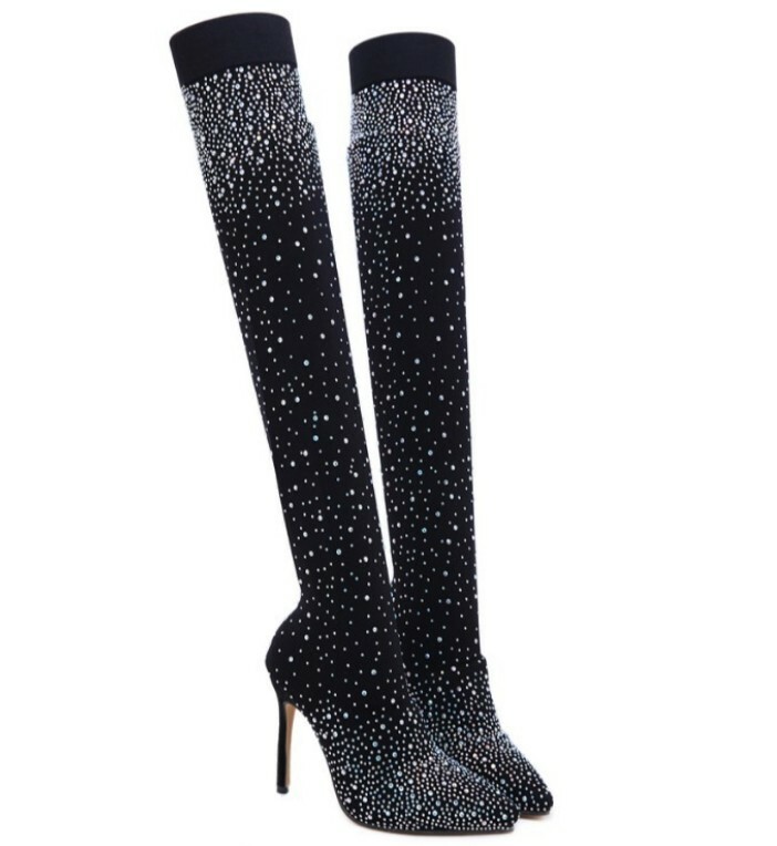 Mujer Puntera puntiaguda Fiesta Club Stiletto Estrás Calcetines Rodilla Botas Altas Zapatos