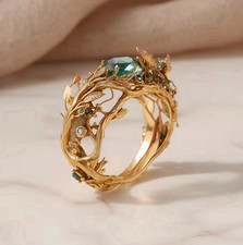 Gold Copper Branch Ring Elven Green Stone.Statement Nature Band