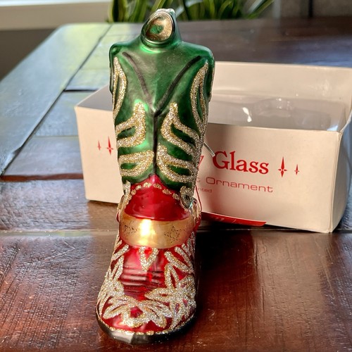 Dept 56 Cowboy Boot Mercury Glass 6” Christmas Ornament 77065 - Red Green NOB - Picture 3 of 9