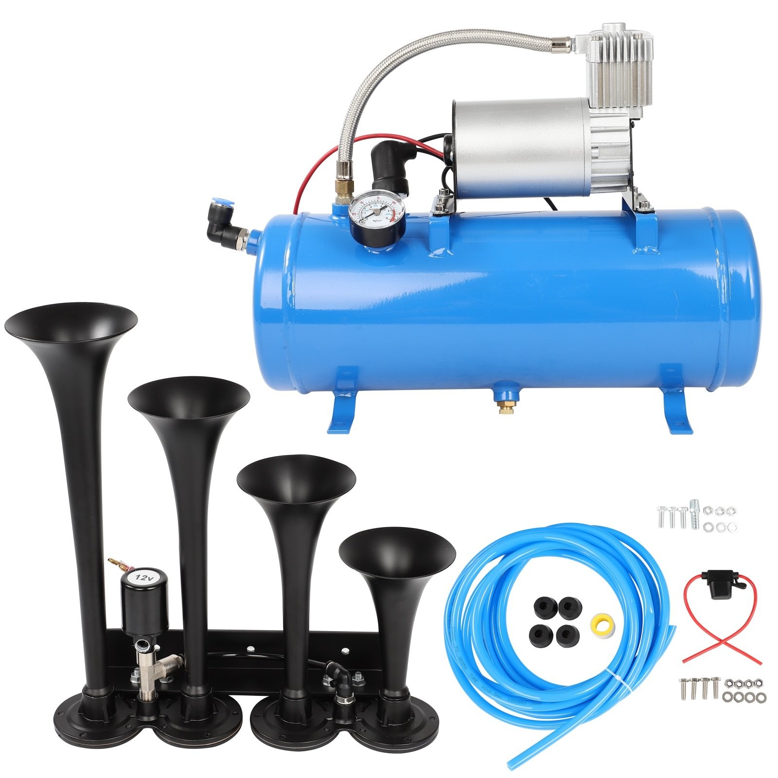 4 Trumpet 12V Train Air Horn 150 dB With 1.6 Gal Tank 150 PSI Air Compressor
