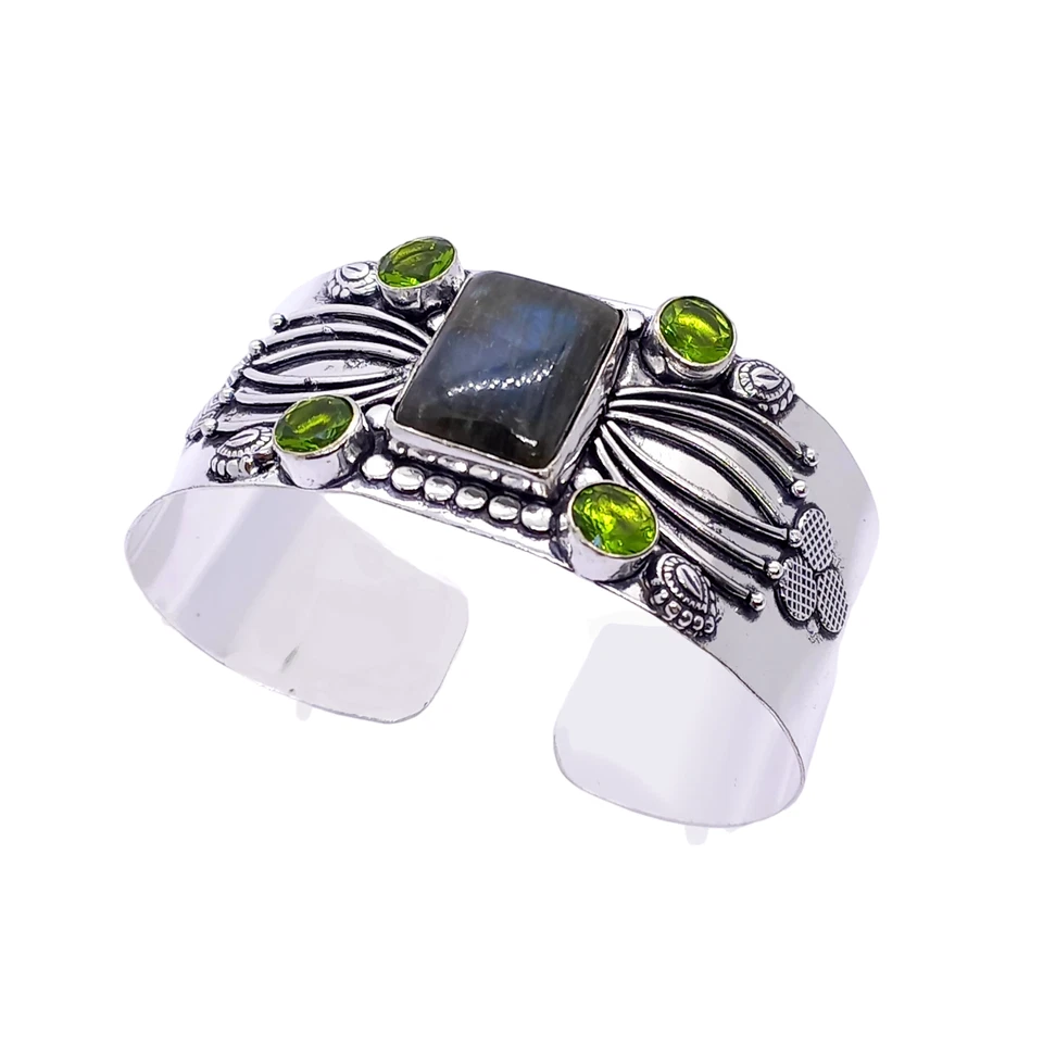 925 Sterling Silver Labradorite & Peridot Gemstone Jewelry Cuff Bracelet - Image 2 of 4